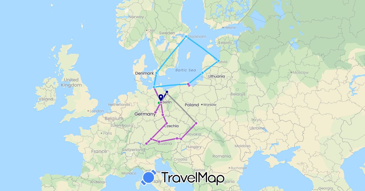 TravelMap itinerary: driving, bus, plane, train, boat in Austria, Czech Republic, Germany, Denmark, Lithuania, Latvia, Poland, Sweden, Slovakia (Europe)